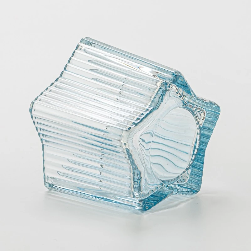Popular Design Stripe Decor Light Blue Glass Candle Jar for Scented Candle