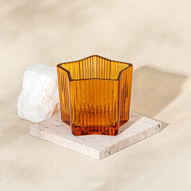 Elegant Stripe Design Transparent Amber Glass Candle Jar for Wholesaling
