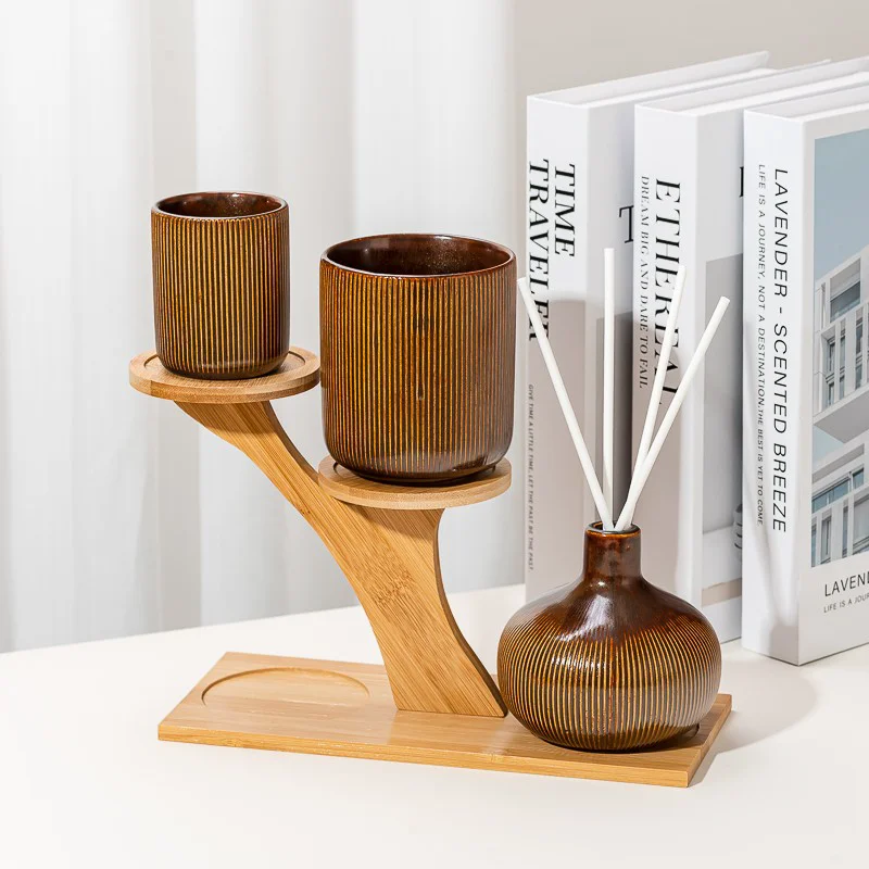 New Design Stripe Brown Color Ceramic Candle Vessels