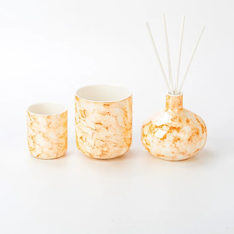 Classic Marble Pattern Glazed Ceramic Empty Candle Jar for Home Fragrance