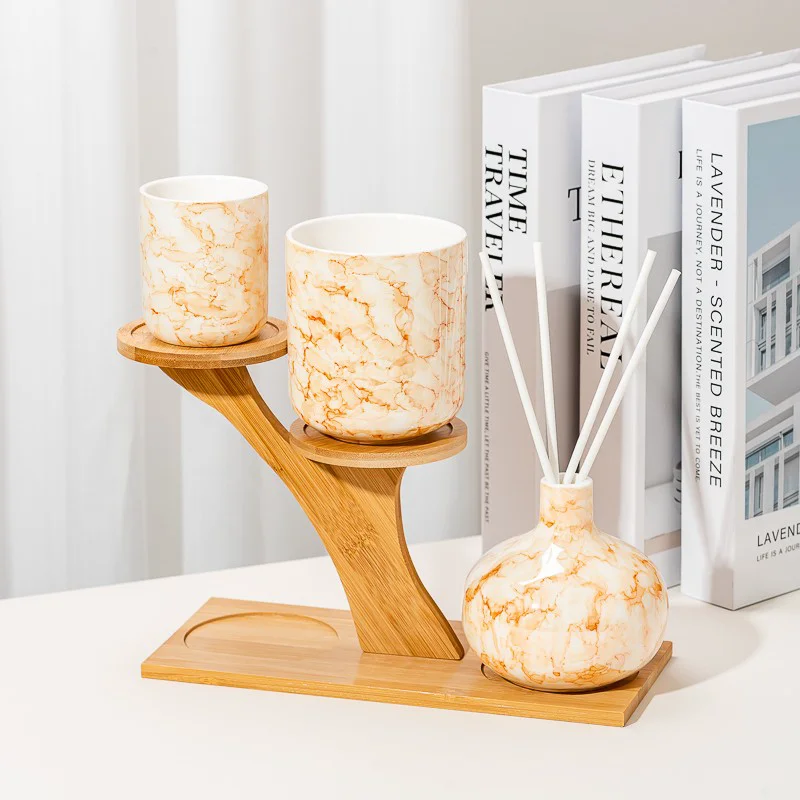 Classic Marble Pattern Glazed Ceramic Empty Candle Jar for Home Fragrance