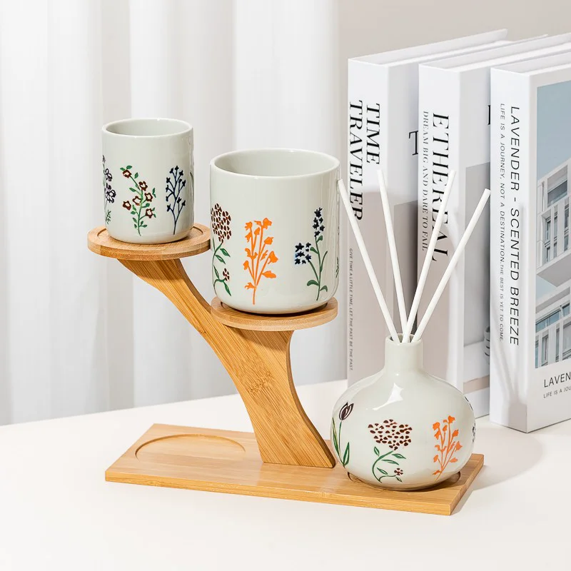 Elegant Decal Flower Pattern 480ml Empty Ceramic Candle Jar for Home Decor