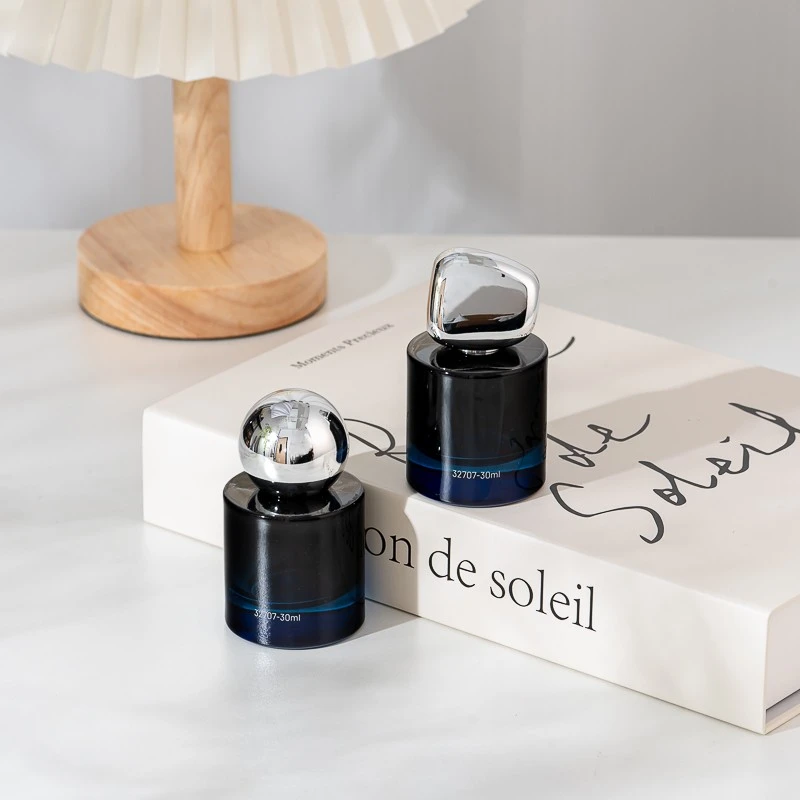 High-End Dark Blue Customize Logo Glass 30ml Perfume Bottle with Unique Lid