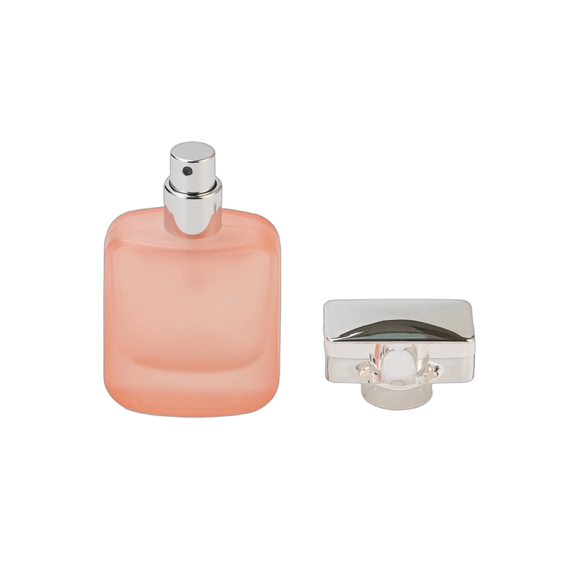 Square Frosted Pink Glass Bottle Perfume Fragrance Bottle with Silver Lid