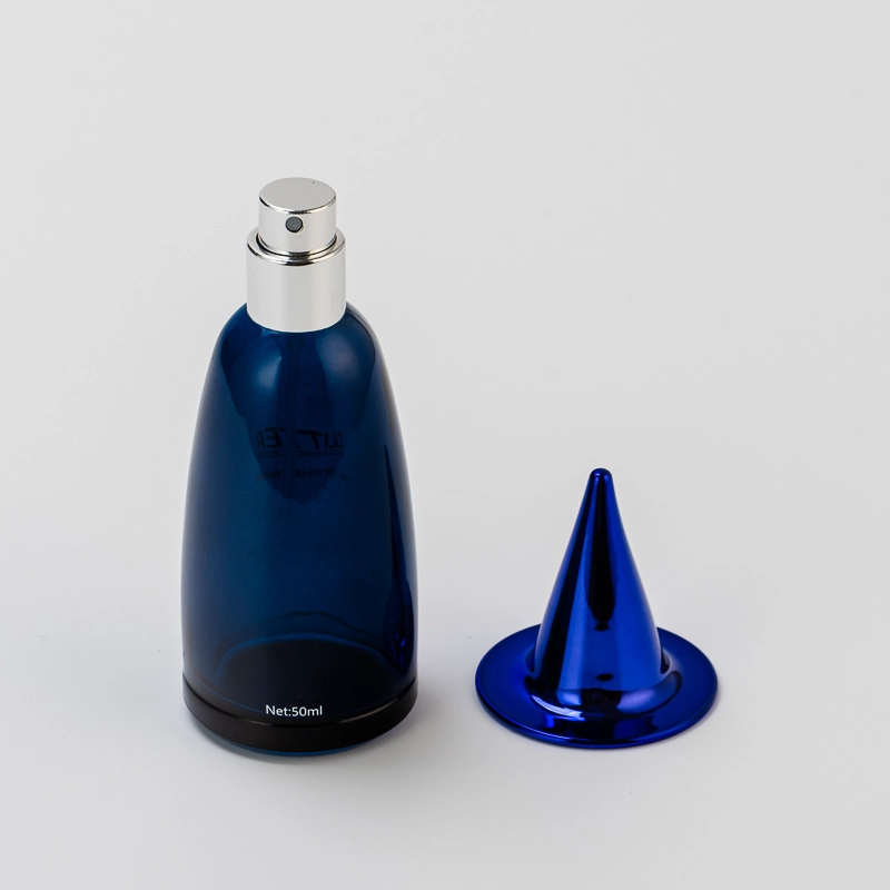 Custom Color 50ml Blue Glass Perfume Bottle with Creative Cap