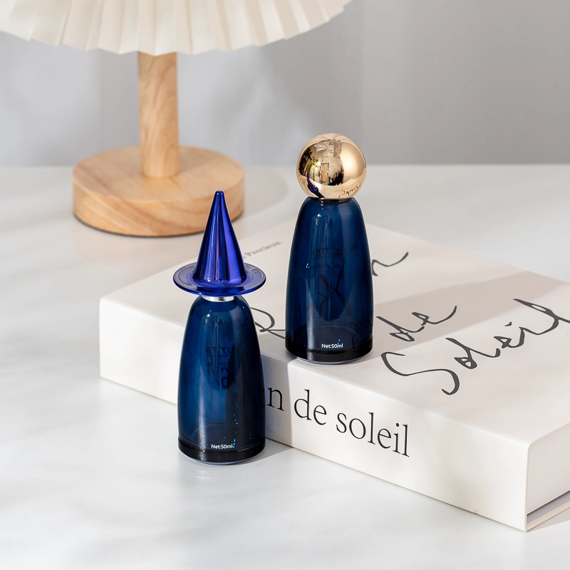 Custom Color 50ml Blue Glass Perfume Bottle with Creative Cap