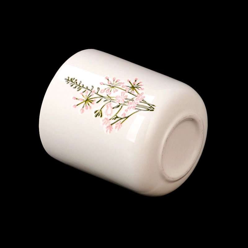Elegant Pattern Creamy White Glazed 14oz Ceramic Candle Jar Manufacturing