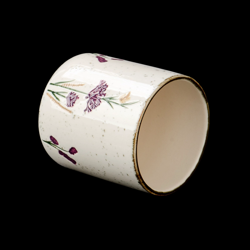 Flower Pattern Glazed Round Bottom 476ml Ceramic Candle Jar for Home Decor
