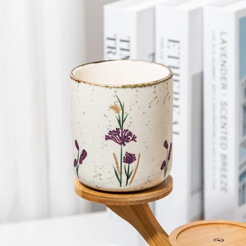 Flower Pattern Glazed Round Bottom 476ml Ceramic Candle Jar for Home Decor