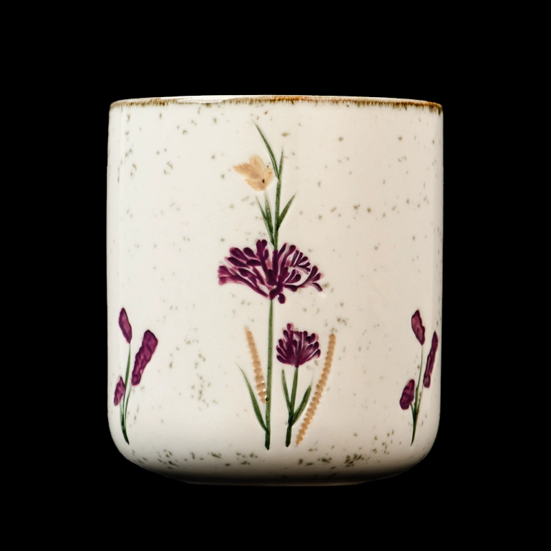 Flower Pattern Glazed Round Bottom 476ml Ceramic Candle Jar for Home Decor