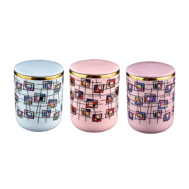 New Design Geometric Dream Gilded Ceramic Candle Jar with Lid