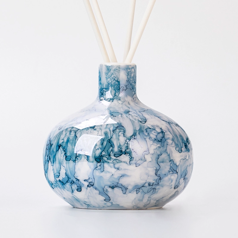 Luxury Blue Marbling Round Ceramic Bottle Reed Diffuser Bottle Supplying