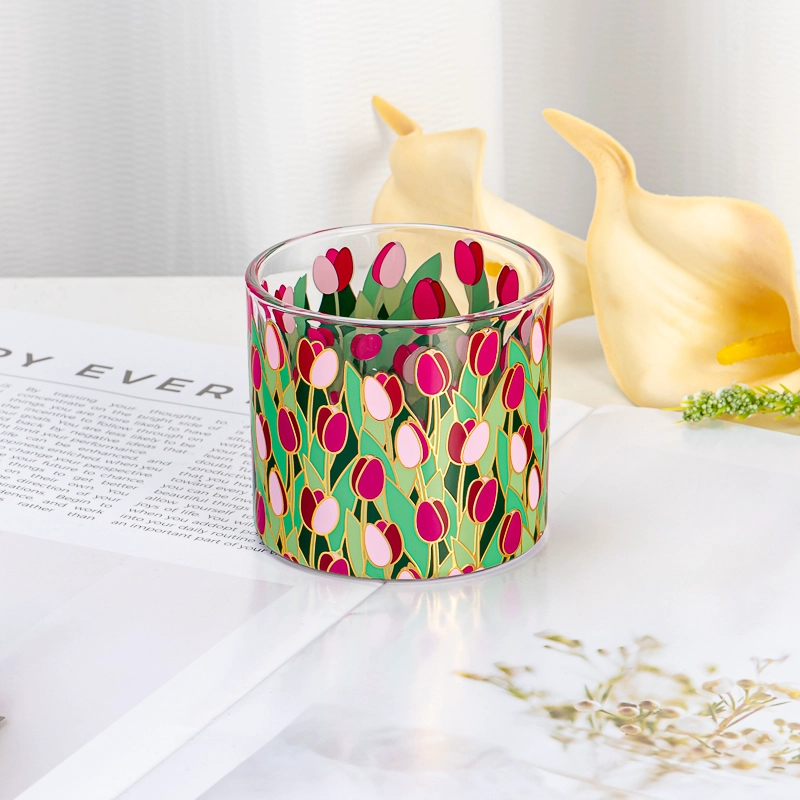 Premium Custom Logo Flower Pattern Decal Glass Cylinder Candle Vessel Holder 165ml for Home Fragrance