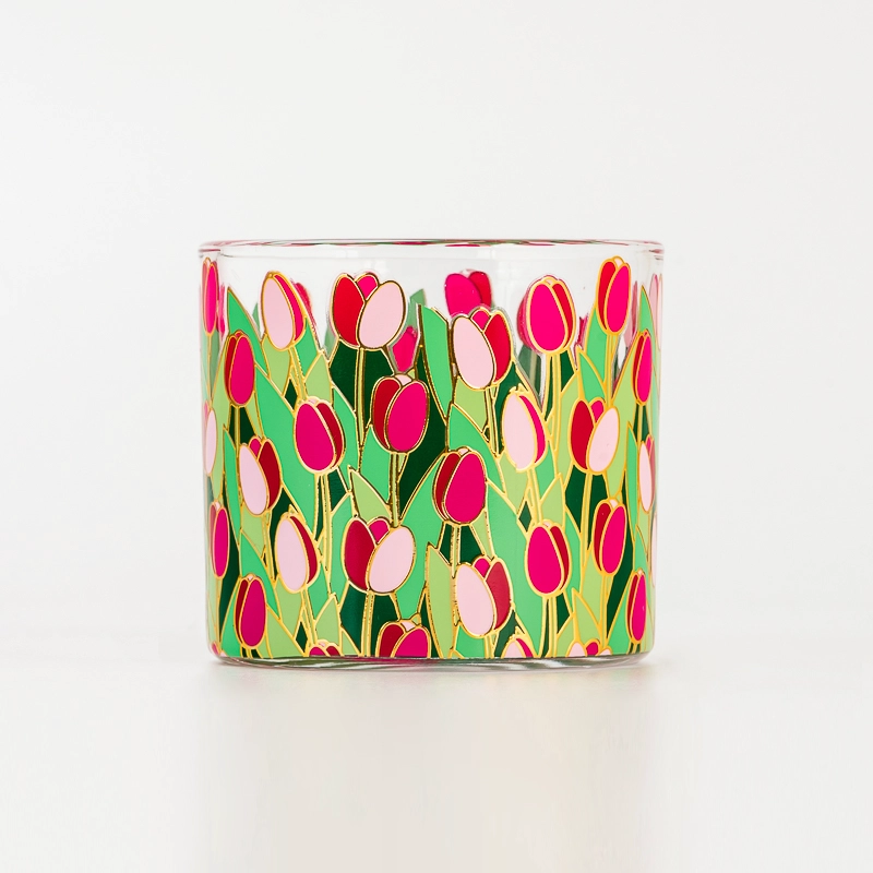 Premium Custom Logo Flower Pattern Decal Glass Cylinder Candle Vessel Holder 165ml for Home Fragrance