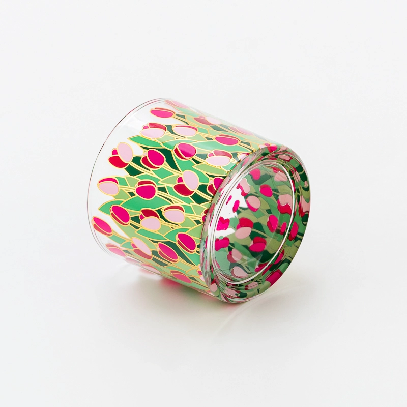 Premium Custom Logo Flower Pattern Decal Glass Cylinder Candle Vessel Holder 165ml for Home Fragrance