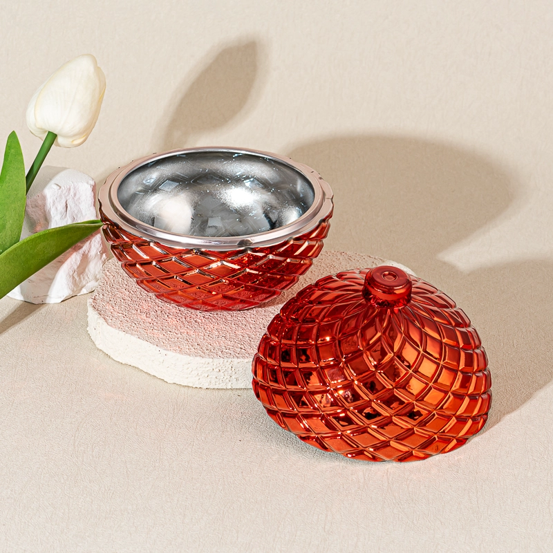 Popular Shape Electroplate Red Glass Wax Candle Jar with Lid 226ml Capacity Customizable Color Home Decoration