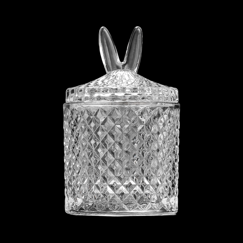 Modern Embossed Rhombic Pattern Glass Candle Jars with Matching Glass Lids for Scented Candles and Stylish Home Decoration