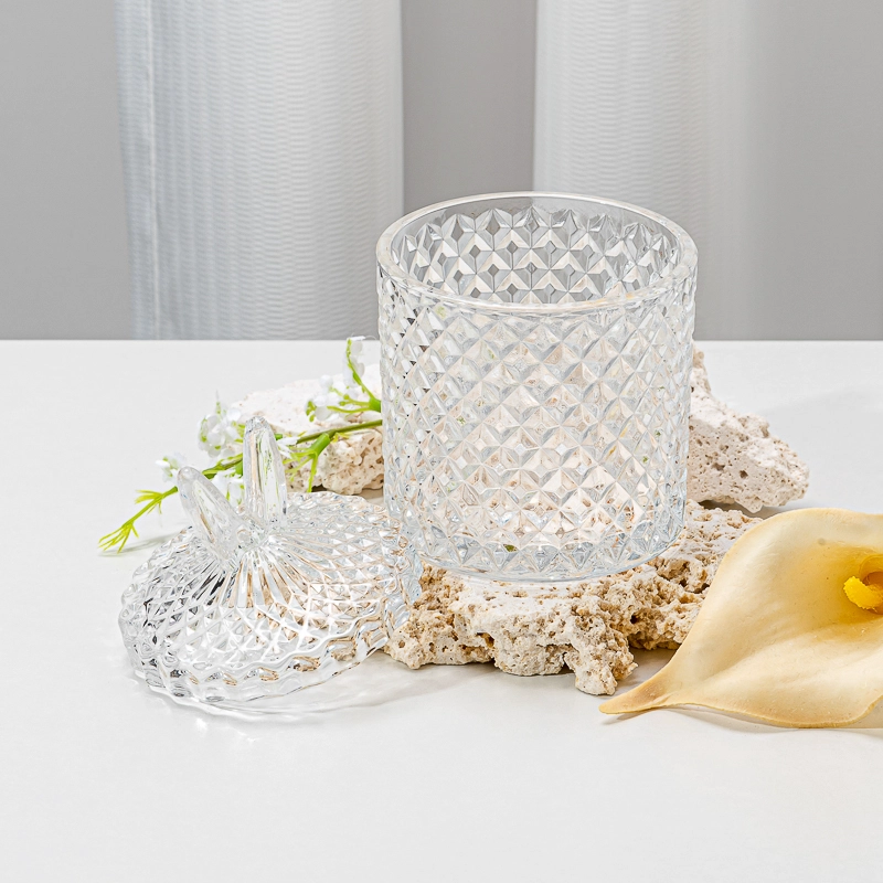 Modern Embossed Rhombic Pattern Glass Candle Jars with Matching Glass Lids for Scented Candles and Stylish Home Decoration