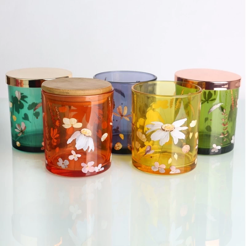 porcelana Recipientes de vidrio para velas teñidos, naranja, amarillo, verde, azul, cian, con calcomanías personalizadas a todo color impresas y tapa fabricante