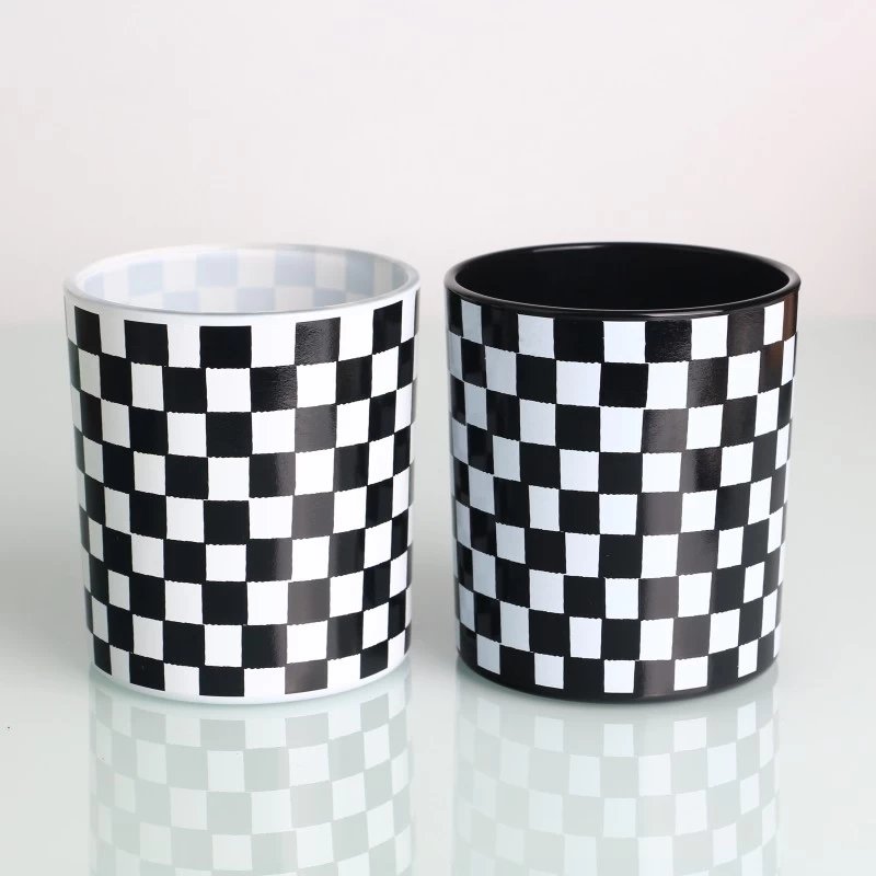 China black and white Grid pattern empty glass candle jar manufacturer