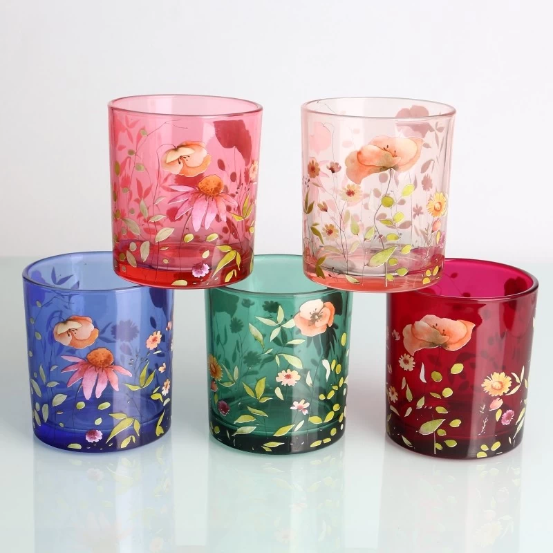 China tinted color red pink blue cyan candle glass containers with custom full color pattern decals printed and lid manufacturer