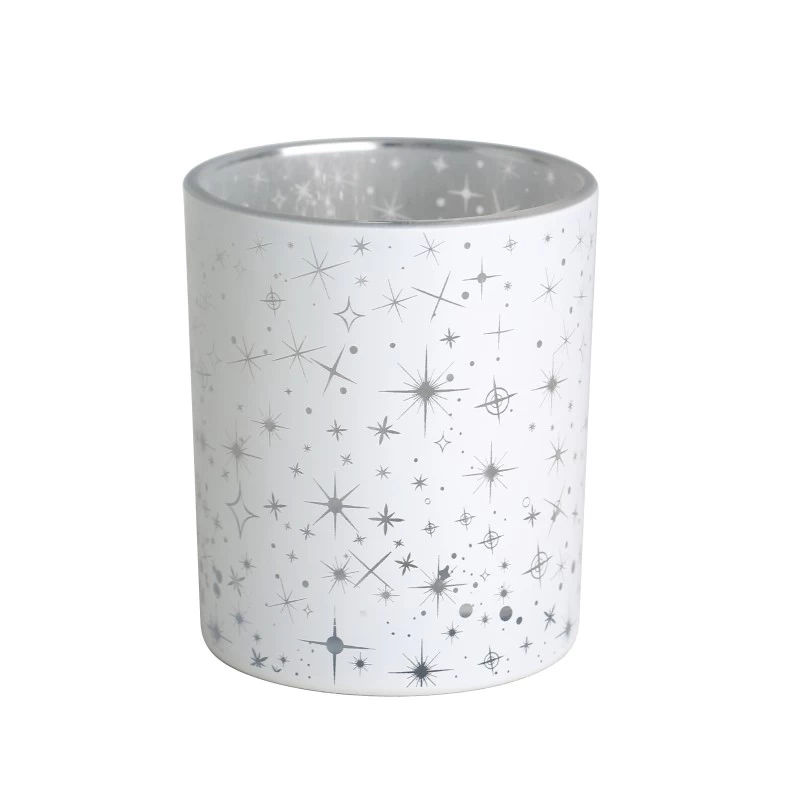China spray color opaque laser hollow stars pattern white glass candle jar scented candles with wooden lid manufacturer