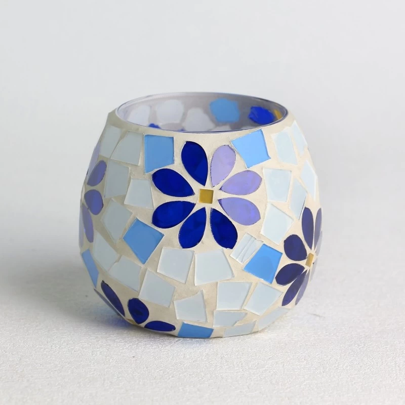 porcelana Venta al por mayor, superficie de mosaico de vidrio, juego de tarros de vela con patrón de hojas florales blanco y azul fabricante