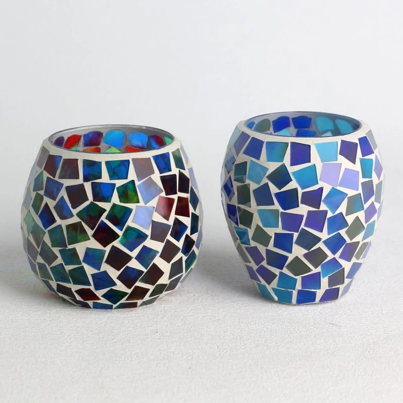 China Großhandel Kerzenglas-Set aus dunkelblauem Glas mit Mosaikoberfläche Hersteller