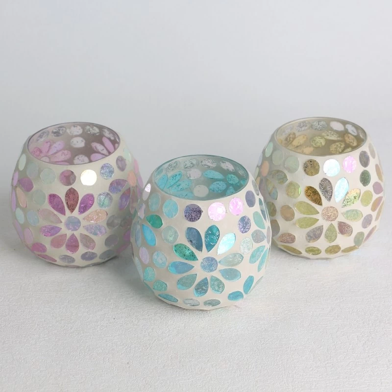porcelana Venta al por mayor, superficie de mosaico de vidrio galvanizado, juego de tarros de vela con patrón de hojas florales fabricante