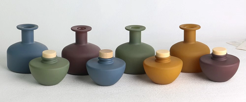 Frosted Opaque Sprayed Glass Diffuser Bottle Set with Wooden Caps banner