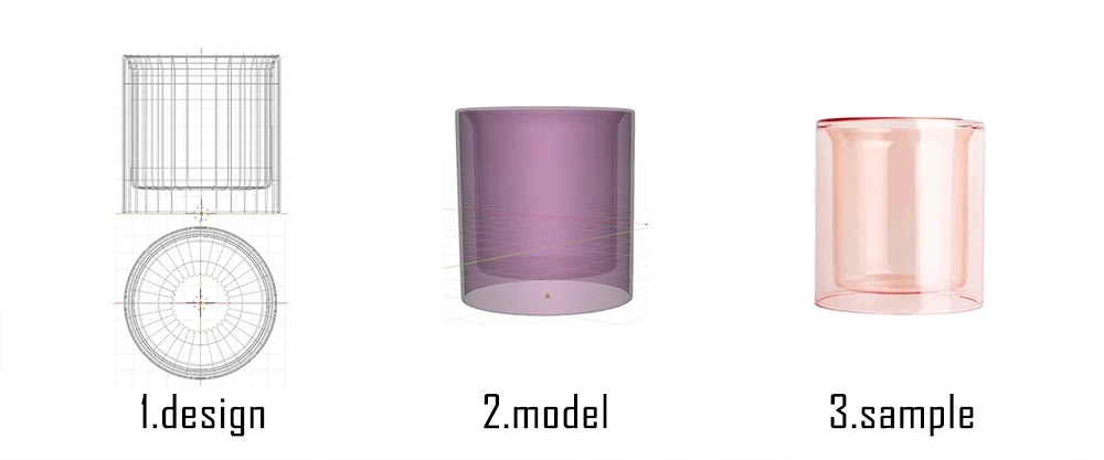 Stages of creating a double layer candle jar: sketch, 3D model, and finished sample.