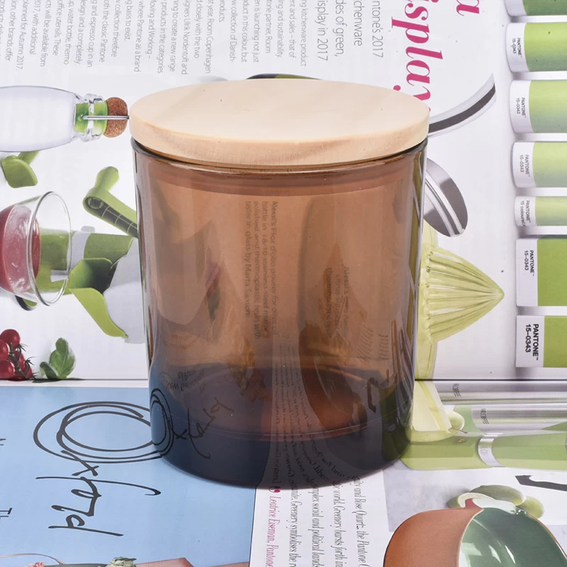 Wholesale Amber glass candle jars with wooden lids