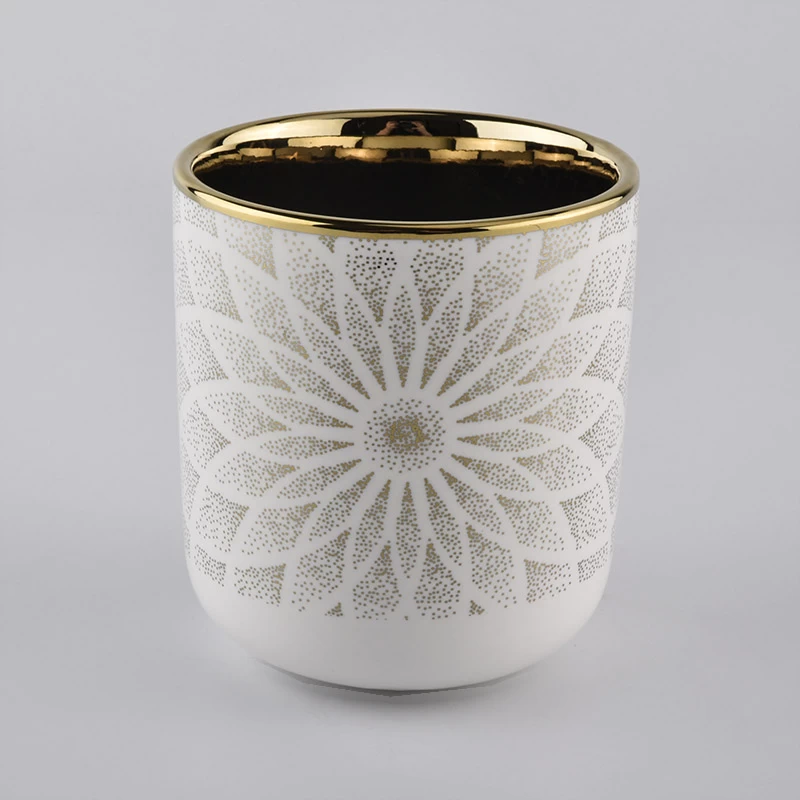 Vaso di candela in ceramica bianca 12 once con oro elettroplavato
