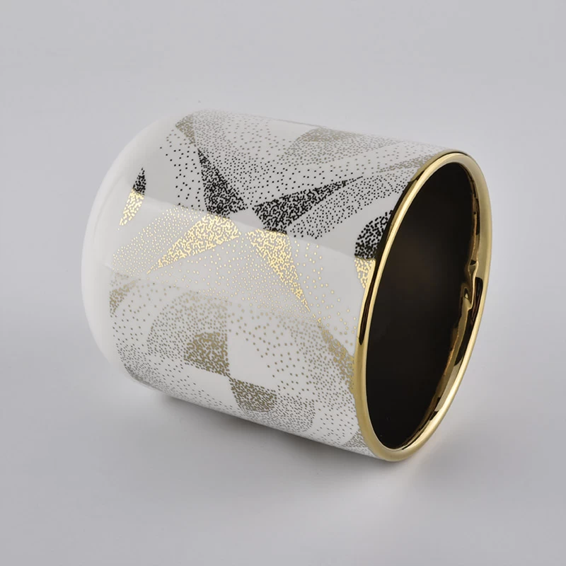 Portacandele in ceramica bianca 400ml con motivo oro