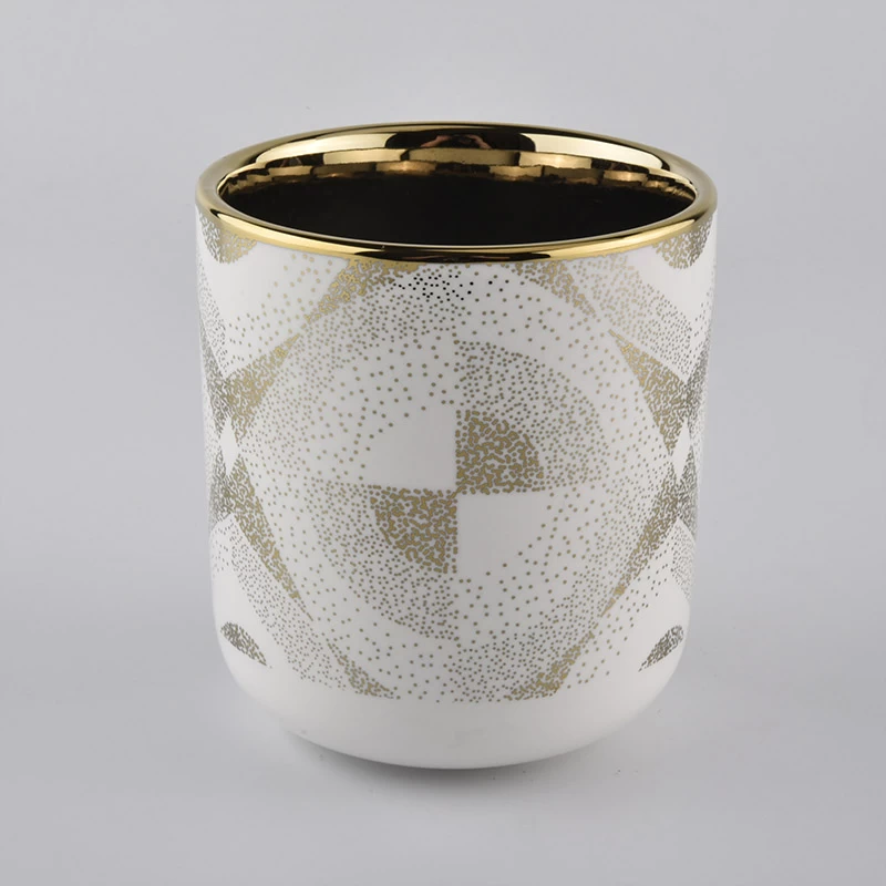 Portacandele in ceramica bianca 400ml con motivo oro