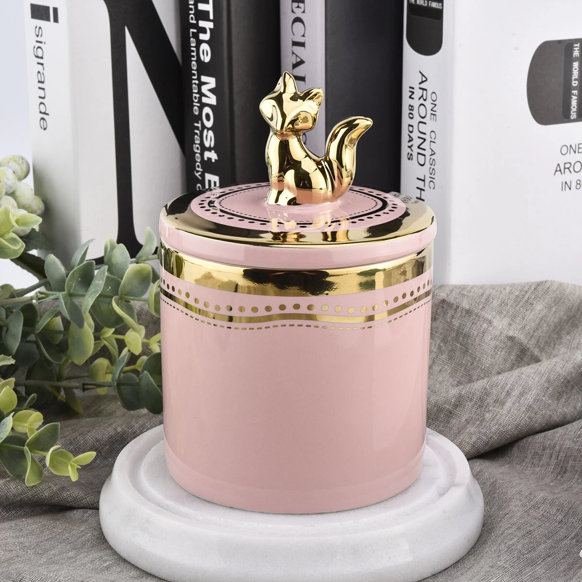 14oz pink cylinder ceramic candle jars with animal lid