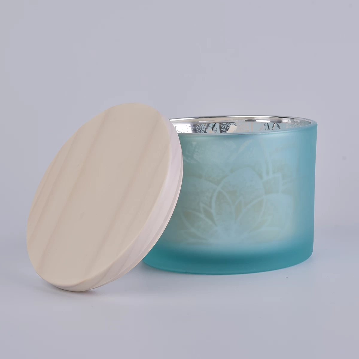 matte blue decorative glass candle container with wooden lid