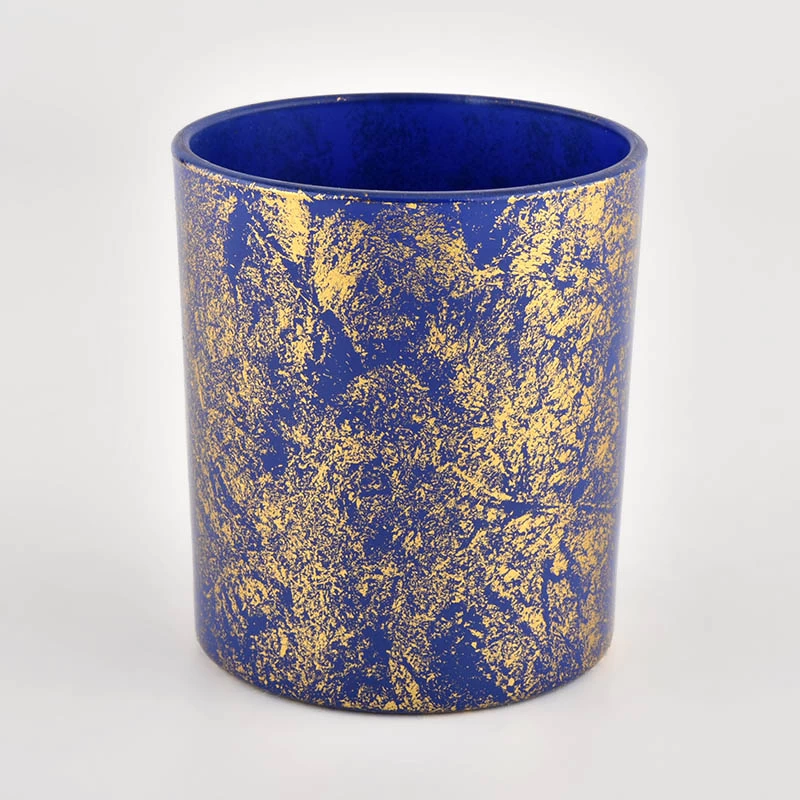 Pots de bougie de luxe personnalisés impression dorée avec pot de bougie en verre bleu