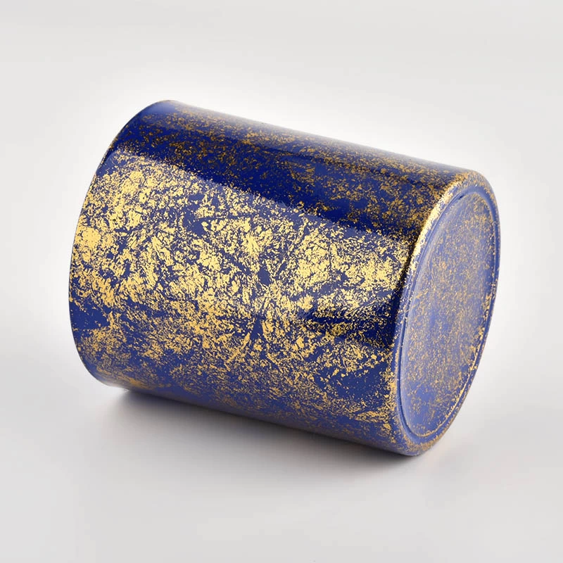 Pots de bougie de luxe personnalisés impression dorée avec pot de bougie en verre bleu