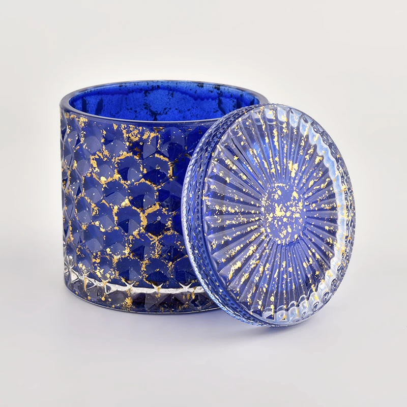 Chandelier en verre bleu brillant de marque personnalisée pot de bougie de décoration de la maison avec couvercles