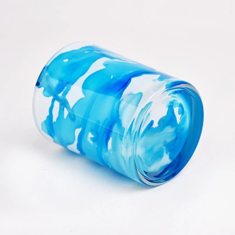 récipient de bougie en verre de marbre de couleur mélangée bleue