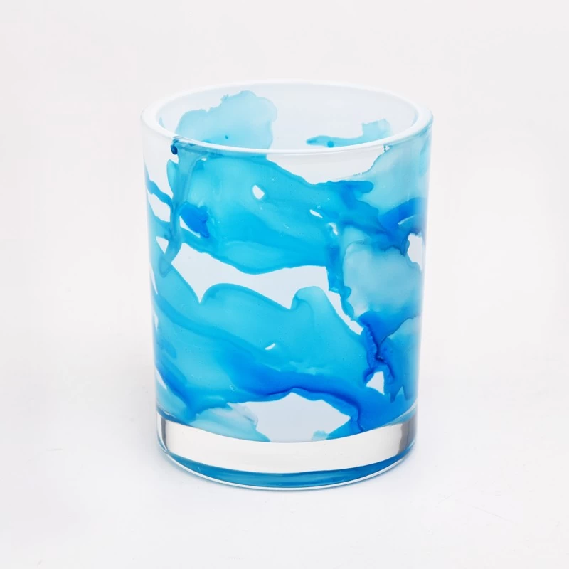 récipient de bougie en verre de marbre de couleur mélangée bleue