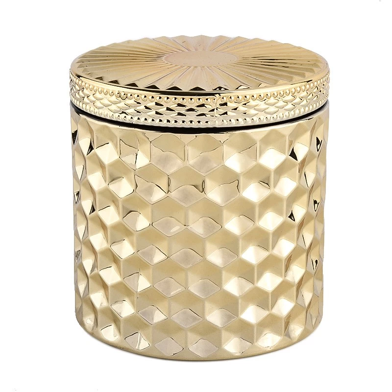 Diamond Glass Candle Jar with Lids Gold Glass Candle Holder Wholesale