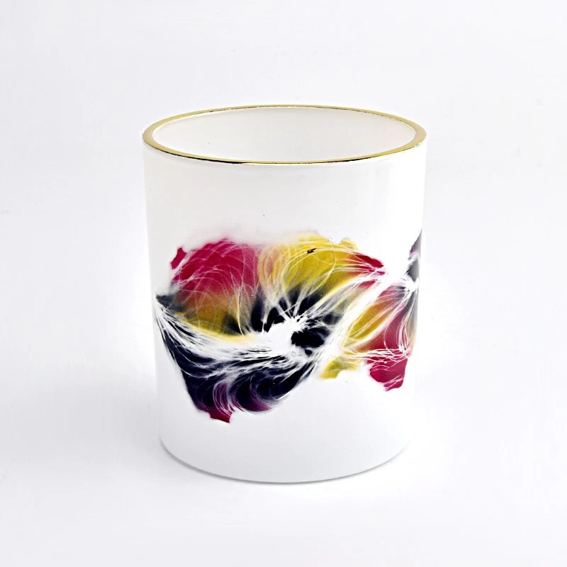 luxury hand paint  artwork 10oz glass candle jar with gold rim