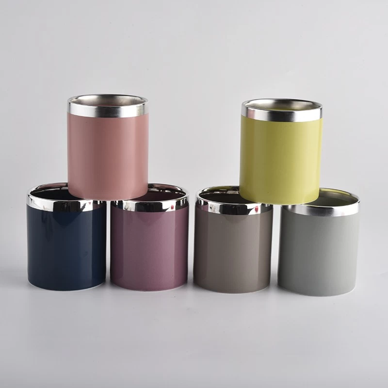 Cylinder Ceramic Candle Vessel with Silver Rim For Sale