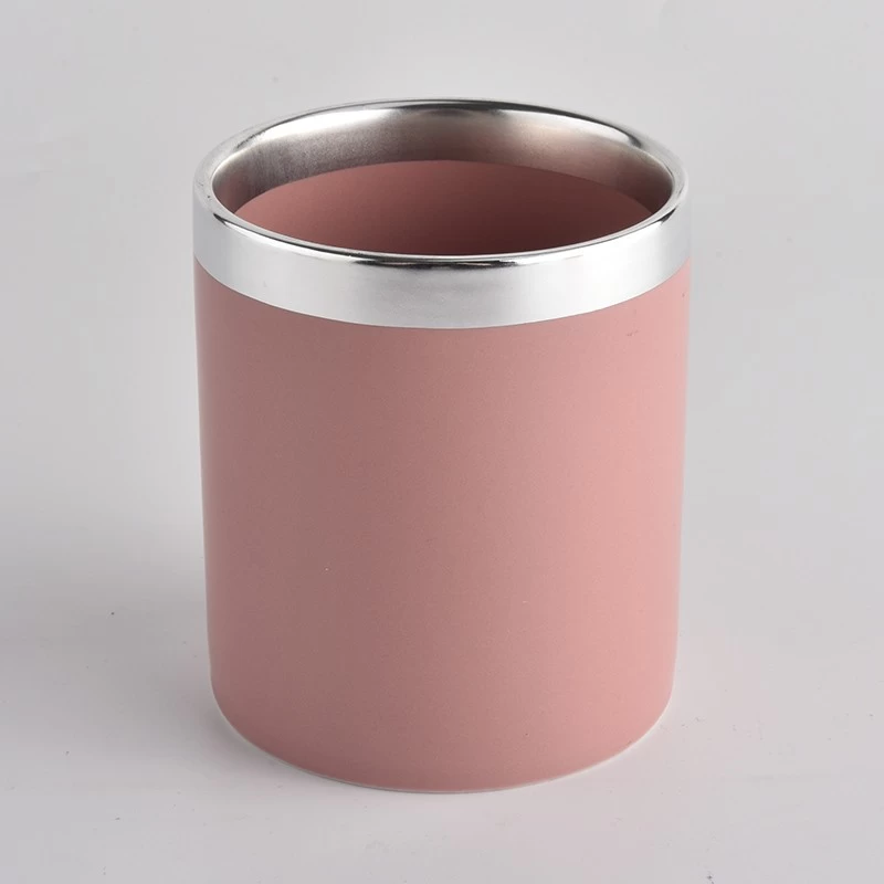 Cylinder Ceramic Candle Vessel with Silver Rim For Sale