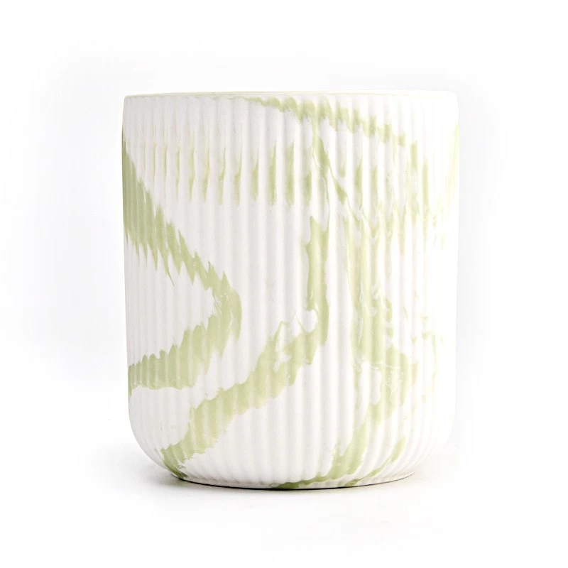Customized green color artwork effect on the 450ml vertical line ceramic candle holder for supplier