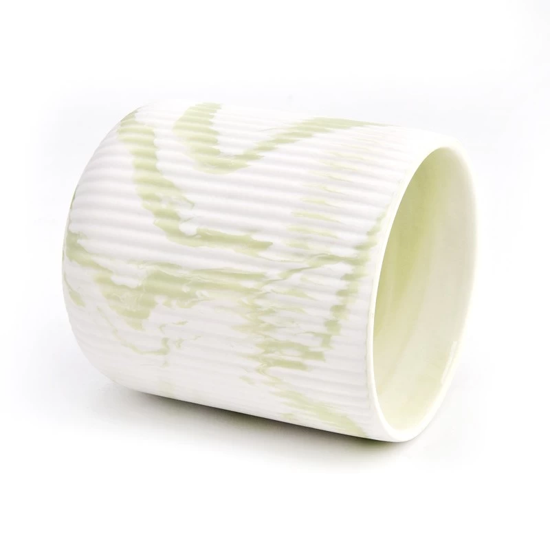 Customized green color artwork effect on the 450ml vertical line ceramic candle holder for supplier