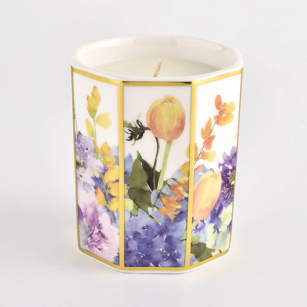 luxury octagon ceramic candle jar with artwork printing 