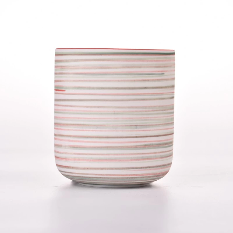Popular colorful annular line deco on the popular shape ceramic candle jar for home deco